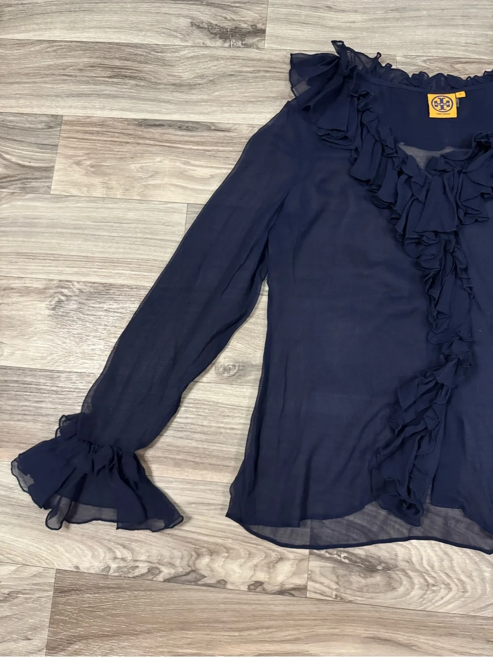 Tory Burch 100% Silk Sheer Ruffle-Trim Button Front Blouse in Navy Blue Size 8